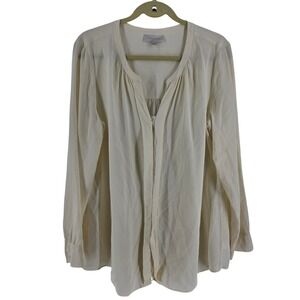 NORDSTROM COLLECTION Cream 100% Silk Pleated V-Neck Long Sleeve Tunic Blouse L